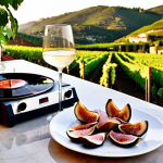 **

A summery aperitivo scene.  A glass of chilled Moscato d'Asti sits next to a plate of thinly sliced prosciutto, garnished with fresh figs. Soft, warm lighting evokes a relaxed and joyful mood. In the background, a record player spins, suggesting lighthearted Italian pop music. The setting is a charming outdoor terrace, possibly overlooking a vineyard.

**