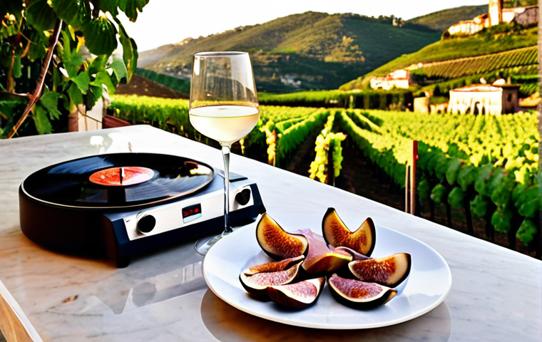 **

A summery aperitivo scene.  A glass of chilled Moscato d'Asti sits next to a plate of thinly sliced prosciutto, garnished with fresh figs. Soft, warm lighting evokes a relaxed and joyful mood. In the background, a record player spins, suggesting lighthearted Italian pop music. The setting is a charming outdoor terrace, possibly overlooking a vineyard.

**