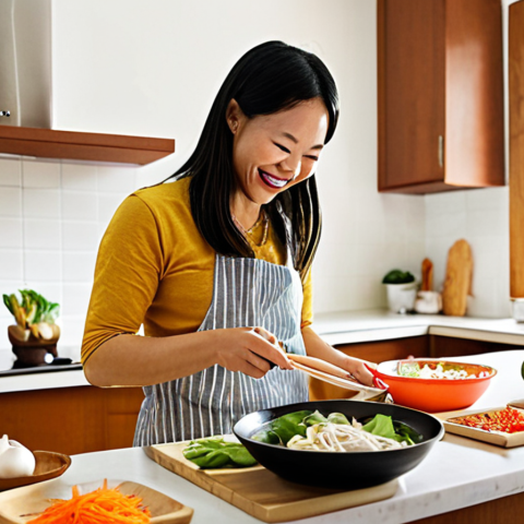 **

A brightly lit kitchen scene featuring a person smiling while preparing a Vietnamese-inspired meal kit. Fresh ingredients are laid out, and the instructions are visible. The focus is on ease and enjoyment of cooking.

**
