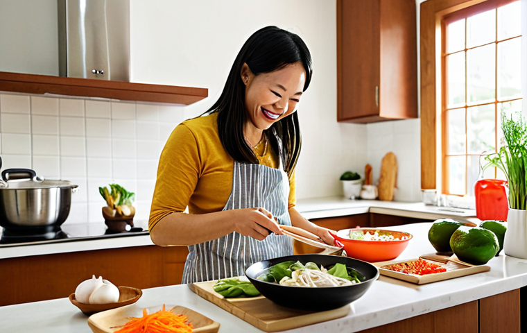 **

A brightly lit kitchen scene featuring a person smiling while preparing a Vietnamese-inspired meal kit. Fresh ingredients are laid out, and the instructions are visible. The focus is on ease and enjoyment of cooking.

**