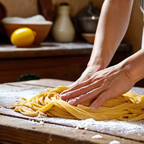 Home 7 Photorealistic close-up of experienced hands, possibly a traditional Italian home cook's, expertly kneading a vibrant yellow pasta dough made with semola rimacinata on a rustic wooden board. In the background, subtly out of focus, are small bowls displaying various types of flour: white '00' flour, a darker whole wheat flour, and the golden semola. The scene is set in a warm, inviting Italian kitchen, bathed in soft, natural light, emphasizing the textures of the dough and flour, and conveying a sense of authentic culinary passion.
