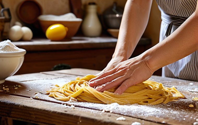 Photorealistic close-up of experienced hands, possibly a traditional Italian home cook's, expertly kneading a vibrant yellow pasta dough made with semola rimacinata on a rustic wooden board. In the background, subtly out of focus, are small bowls displaying various types of flour: white '00' flour, a darker whole wheat flour, and the golden semola. The scene is set in a warm, inviting Italian kitchen, bathed in soft, natural light, emphasizing the textures of the dough and flour, and conveying a sense of authentic culinary passion.