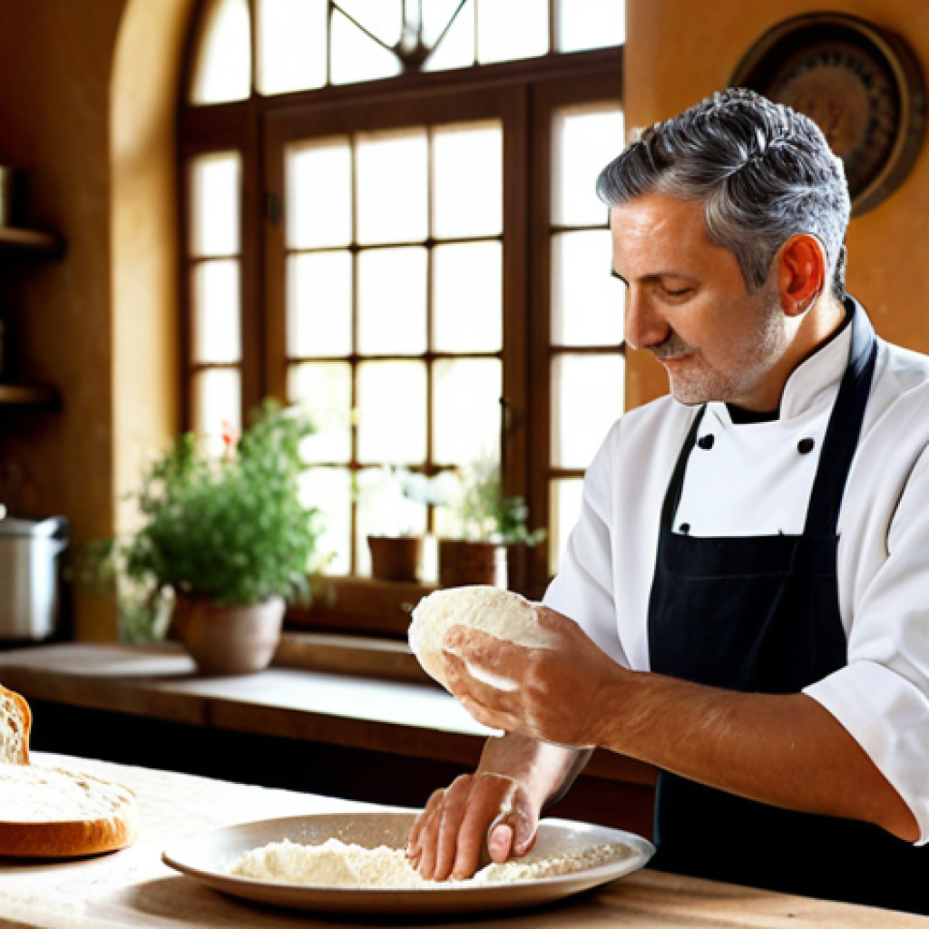 A professional Italian chef, male or female, in a clean, modest chef's uniform, observing a rustic sourdough starter actively bubbling in a traditional kitchen setting. Sunlight streams through a window, illuminating the scene. The chef's expression conveys thoughtful understanding of the fermentation process. On a wooden table, fresh ingredients like flour, water, and dough are meticulously arranged. The image captures the essence of scientific understanding in traditional cooking. safe for work, appropriate content, fully clothed, professional, perfect anatomy, correct proportions, natural pose, well-formed hands, proper finger count, natural body proportions.