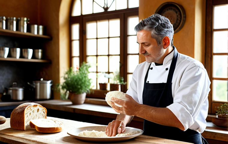 A professional Italian chef, male or female, in a clean, modest chef's uniform, observing a rustic sourdough starter actively bubbling in a traditional kitchen setting. Sunlight streams through a window, illuminating the scene. The chef's expression conveys thoughtful understanding of the fermentation process. On a wooden table, fresh ingredients like flour, water, and dough are meticulously arranged. The image captures the essence of scientific understanding in traditional cooking. safe for work, appropriate content, fully clothed, professional, perfect anatomy, correct proportions, natural pose, well-formed hands, proper finger count, natural body proportions.
