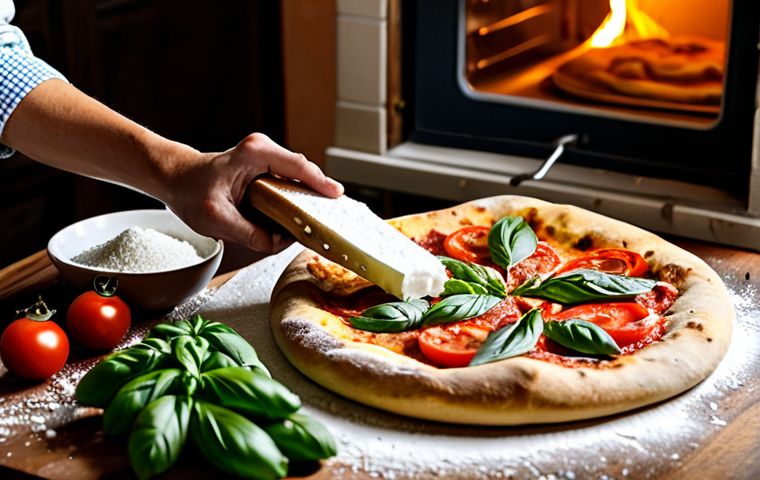 Perfect Home Pizza Preparation**

A rustic kitchen scene showcasing the preparation of homemade pizza. A person is carefully placing fresh toppings (mozzarella, basil, tomatoes) on a pizza dough spread on a wooden peel dusted with flour. In the background, a pizza stone is visible inside a preheated oven with warm lighting. Capture the warm, inviting atmosphere of Italian home cooking. Include essential tools like a rolling pin, olive oil bottle, and a small bowl of sea salt. Focus on capturing textures (flour, dough, cheese) and the vibrant colors of the ingredients. "High-resolution photograph, professional quality, natural lighting, perfect composition, authentic Italian, safe for work, appropriate content, fully clothed, family-friendly."

**