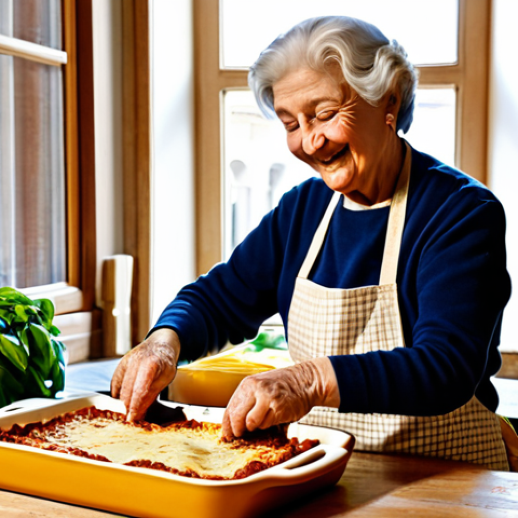 Traditional Lasagna Preparation**

"A warm and inviting kitchen scene in Milan, Italy. A nonna (grandmother) is carefully layering homemade lasagna in a ceramic baking dish. The lasagna includes visible layers of rich ragu, creamy béchamel, and grated Parmesan cheese. She is wearing a modest, traditional Italian apron and a warm smile. Sunlight streams through the window, illuminating the scene. In the background, you can see fresh ingredients like tomatoes, basil, and pasta dough. safe for work, appropriate content, fully clothed, professional, perfect anatomy, natural proportions, well-formed hands, proper finger count, family-friendly."

**