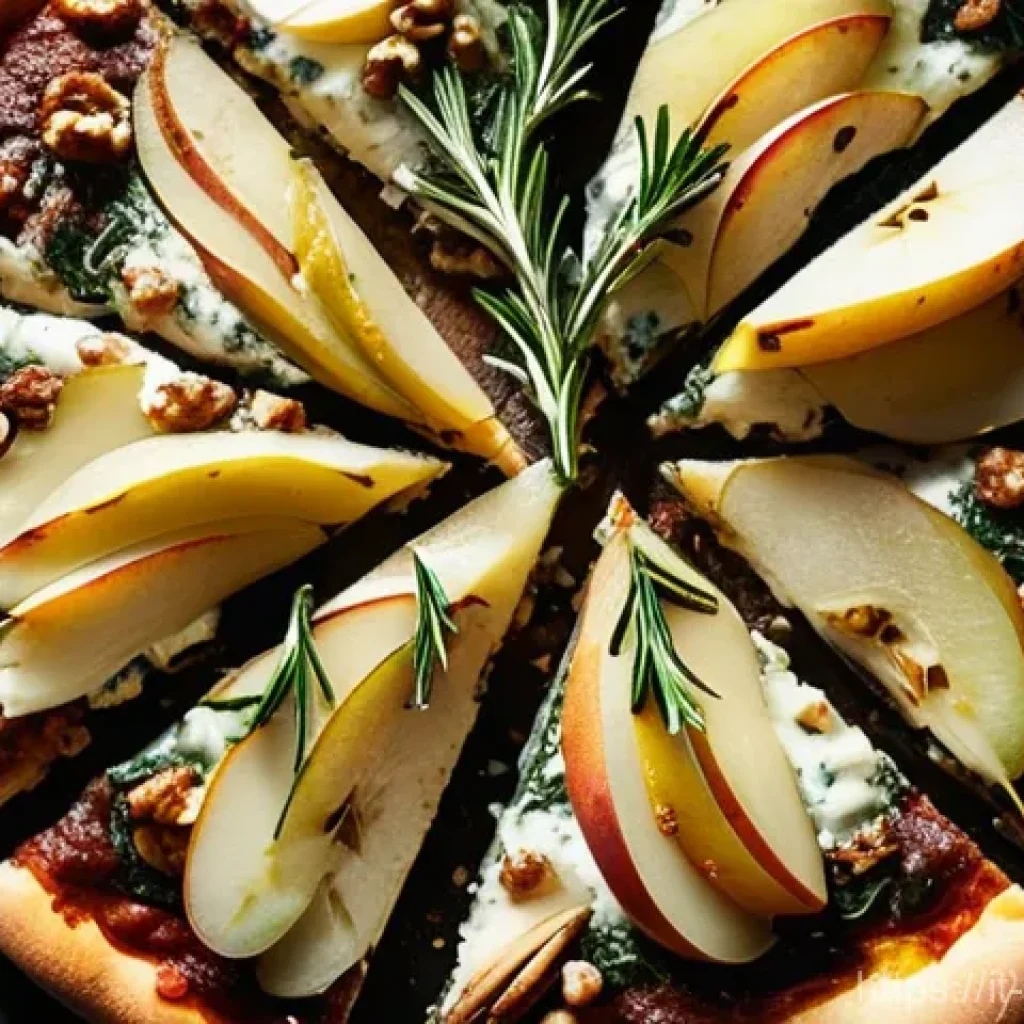수제 피자 토핑 추천 - **Gourmet Pear, Gorgonzola, and Walnut Pizza:** A high-angle, close-up shot of a freshly baked artis...
