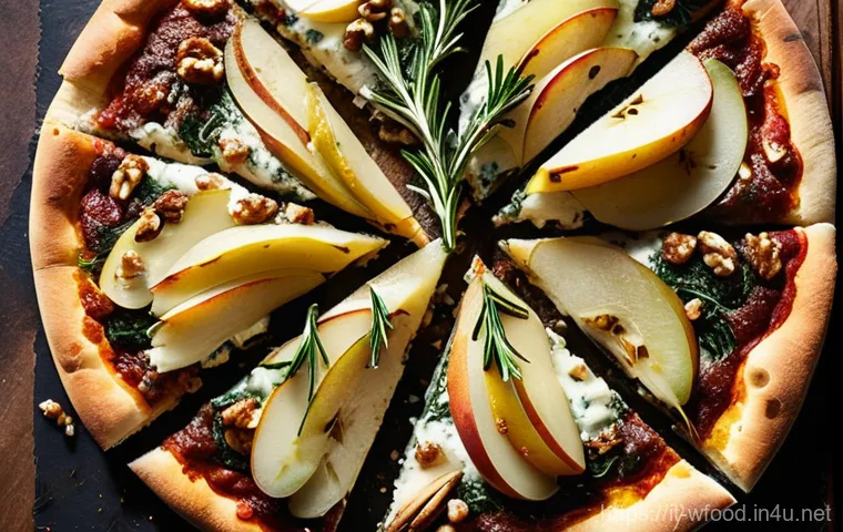 수제 피자 토핑 추천 - **Gourmet Pear, Gorgonzola, and Walnut Pizza:** A high-angle, close-up shot of a freshly baked artis...