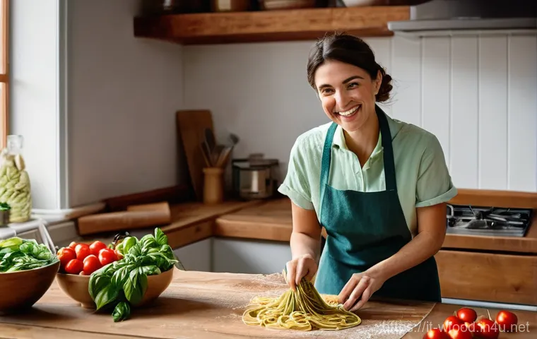 양식 밀키트 추천 - **A joyful home cooking experience with an Italian meal kit:** A smiling Italian woman in her early ...