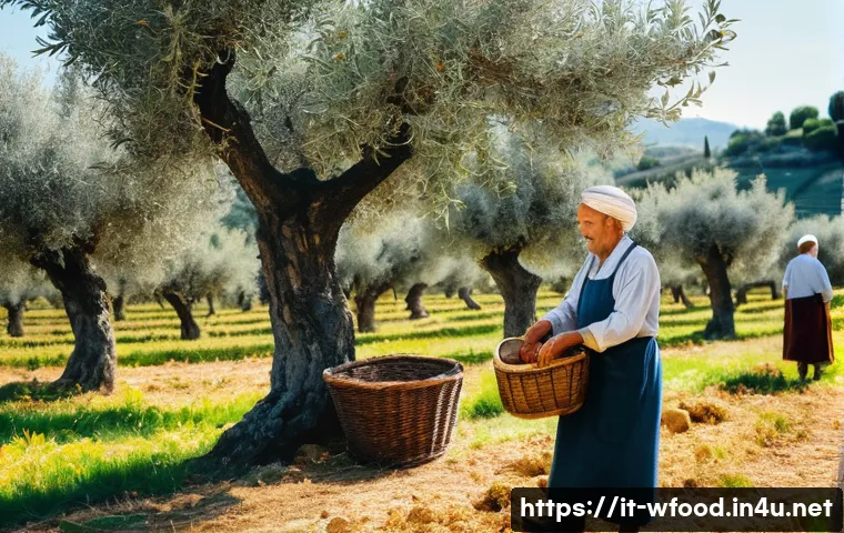 양식용 올리브오일 브랜드 추천 - **Prompt:** A vibrant, sun-drenched Italian olive grove during harvest season. Elderly, smiling Ital...