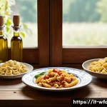 Home 20 파스타 종류와 선택 팁 - A rustic Italian kitchen scene featuring a wooden table set with various traditional pasta shapes—to...