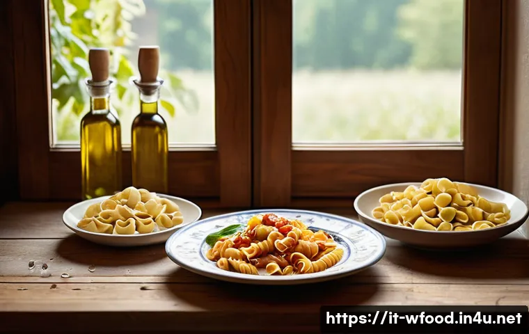 파스타 종류와 선택 팁 - A rustic Italian kitchen scene featuring a wooden table set with various traditional pasta shapes—to...