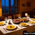 Home 18 양식 요리와 음악 매칭 아이디어 - A cozy Italian dining scene in a rustic northern Italy setting, featuring a table set with tradition...