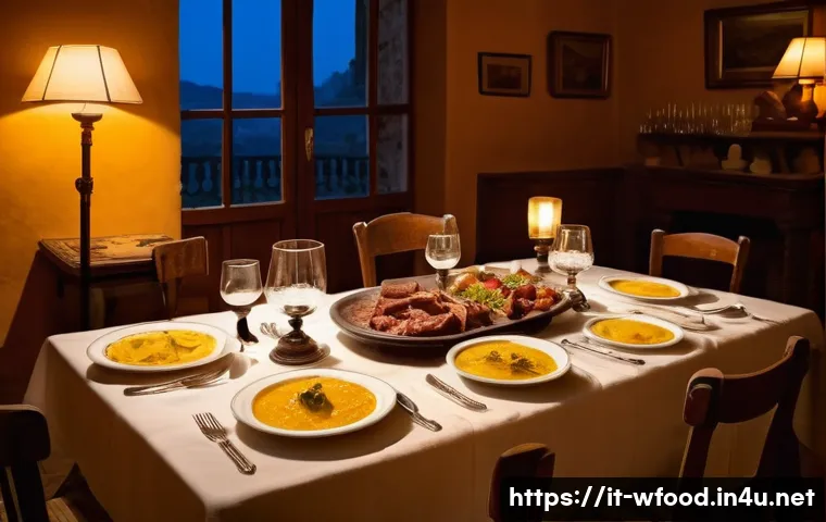 양식 요리와 음악 매칭 아이디어 - A cozy Italian dining scene in a rustic northern Italy setting, featuring a table set with tradition...
