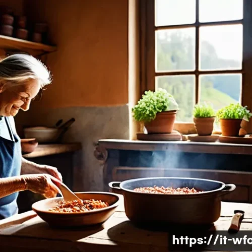 Home 17 양식 간편식과 정통 요리 비교 - A cozy Italian kitchen scene featuring a middle-aged person preparing a traditional ragù sauce from ...