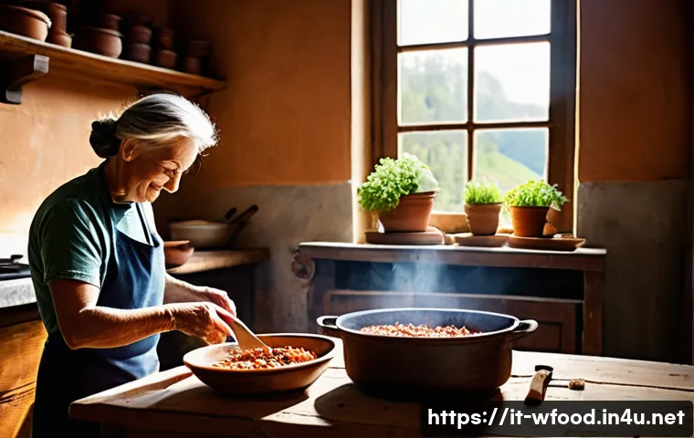양식 간편식과 정통 요리 비교 - A cozy Italian kitchen scene featuring a middle-aged person preparing a traditional ragù sauce from ...