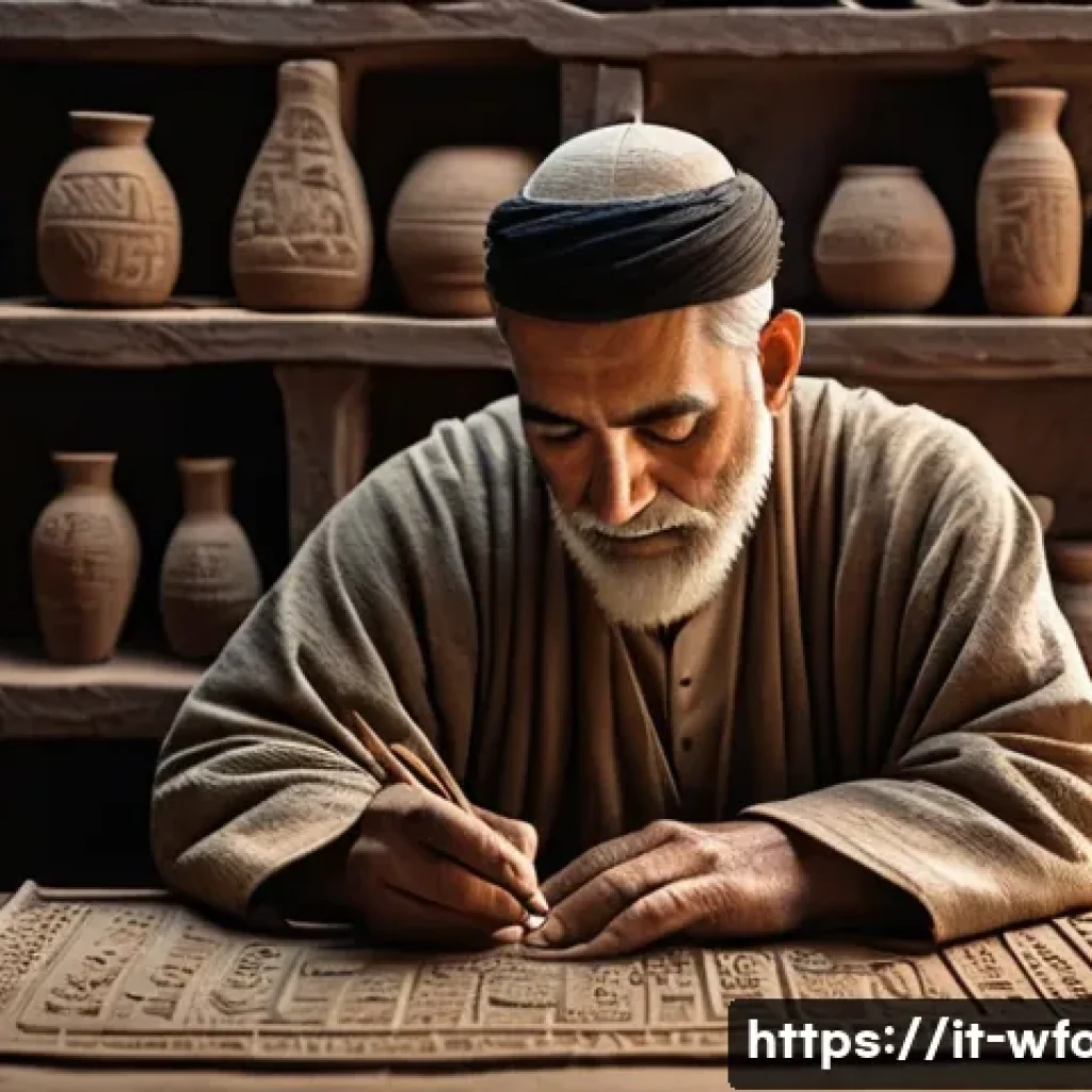양식의 역사와 문화 - A detailed ancient Mesopotamian scribe scene: a middle-aged man wearing traditional linen clothing s...