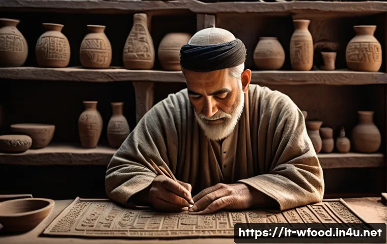 양식의 역사와 문화 - A detailed ancient Mesopotamian scribe scene: a middle-aged man wearing traditional linen clothing s...