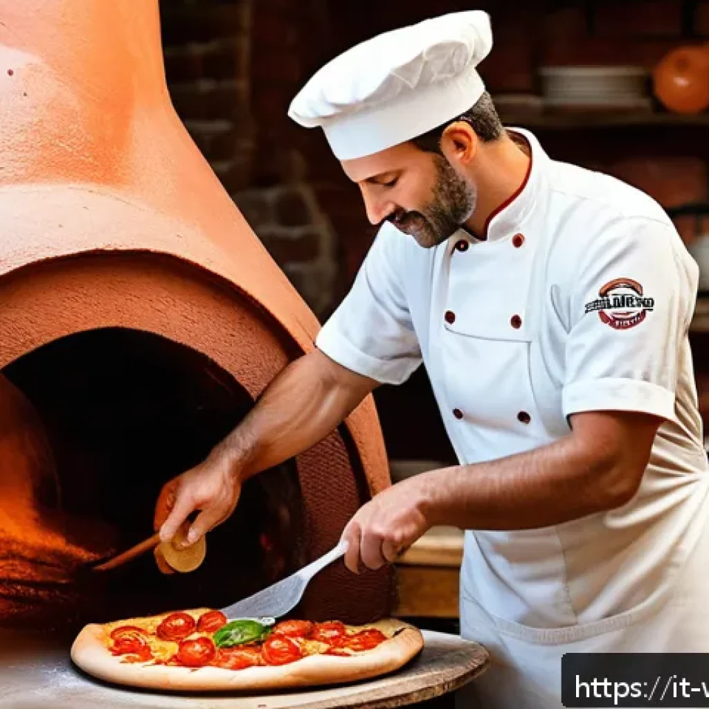정통 나폴리 피자와 뉴욕 피자의 차이 - A traditional Neapolitan pizza scene showcasing a rustic wood-fired oven glowing with intense orange...