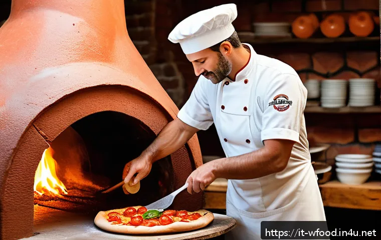 정통 나폴리 피자와 뉴욕 피자의 차이 - A traditional Neapolitan pizza scene showcasing a rustic wood-fired oven glowing with intense orange...