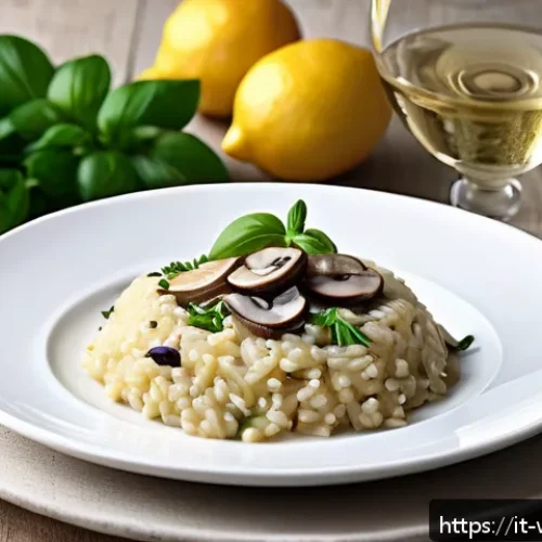와인과 양식 매칭 가이드 - A sophisticated Italian dining table setting featuring a delicate mushroom risotto plated elegantly,...