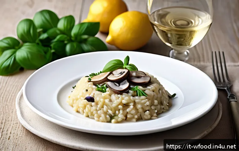와인과 양식 매칭 가이드 - A sophisticated Italian dining table setting featuring a delicate mushroom risotto plated elegantly,...
