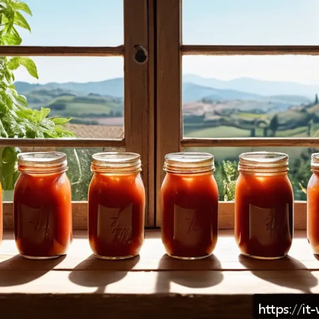 양식 소스 보관 방법 - A cozy Italian kitchen scene showing a rustic wooden table with several glass jars of homemade tomat...