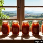 양식 소스 보관 방법 - A cozy Italian kitchen scene showing a rustic wooden table with several glass jars of homemade tomat...