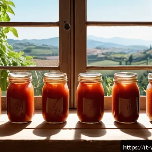 양식 소스 보관 방법 - A cozy Italian kitchen scene showing a rustic wooden table with several glass jars of homemade tomat...