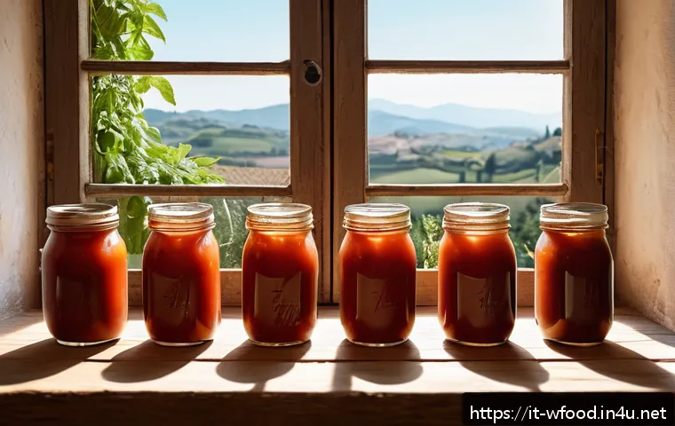 양식 소스 보관 방법 - A cozy Italian kitchen scene showing a rustic wooden table with several glass jars of homemade tomat...