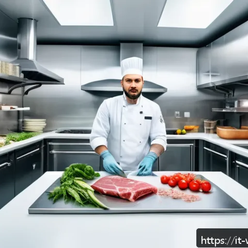 양식 조리법과 HACCP 기준 - A professional kitchen workspace divided into clearly separated zones for handling raw meat and fres...